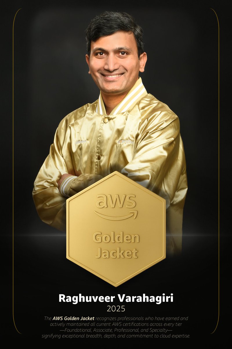 raghuveer_v's tweet image. Thrilled to share that I received the AWS Golden Jacket this year — awarded to those who achieve &amp;amp; maintain ALL active AWS certifications. 

Grateful &amp;amp; excited to keep building and learning. 

#AWS #awscertified #awsgoldenjacket #cloud #ai
