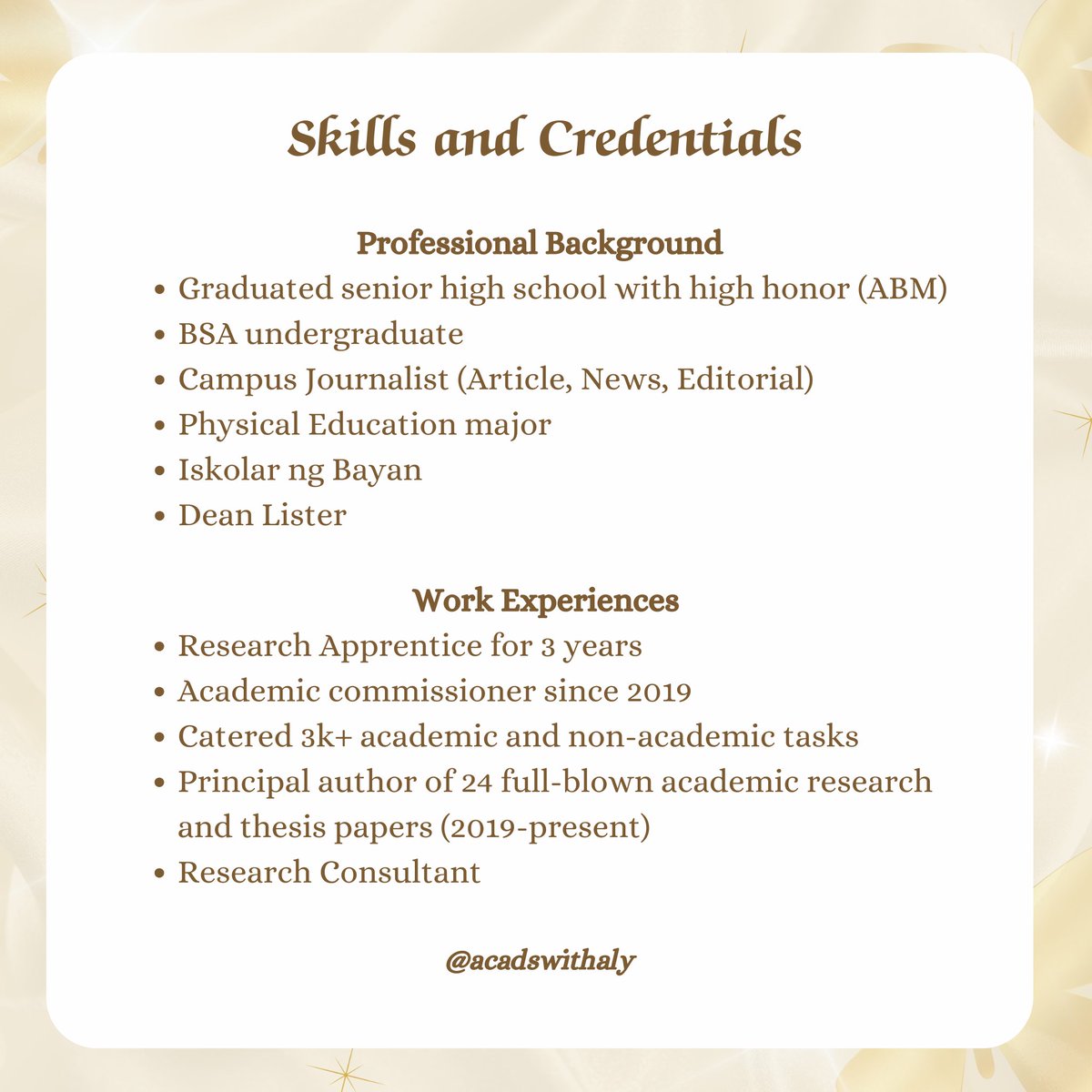 acadswithaly's tweet image. Ease your academic and non-academic tasks with Aly! Affordable rates, high-quality outputs, decent experience. I am offering academic &amp;amp; journalistic writing, full research and thesis writing assistance, and online freelancing services. DM to inquire!

t: lf clients academic…
