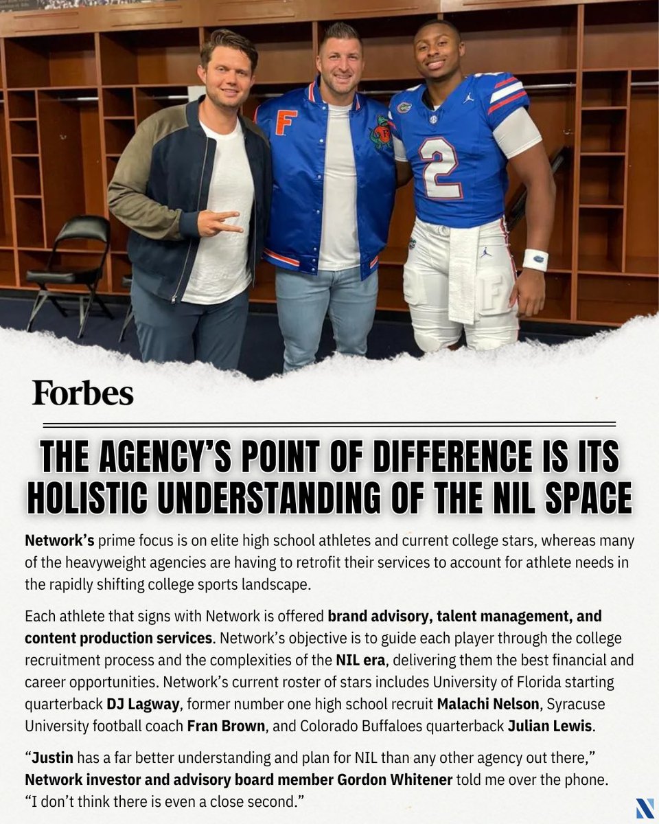 TheNetworkAdvsr's tweet image. In a brand new feature article for @forbes, NETWORK is highlighted as “The Sports Marketing Agency Guiding Athletes NIL”, crediting our Founder and CEO, Justin J. Giangrande as an innovator in the NIL landscape. @JGnetworkCEO 

Read the full article:
forbes.com/sites/vitascar…