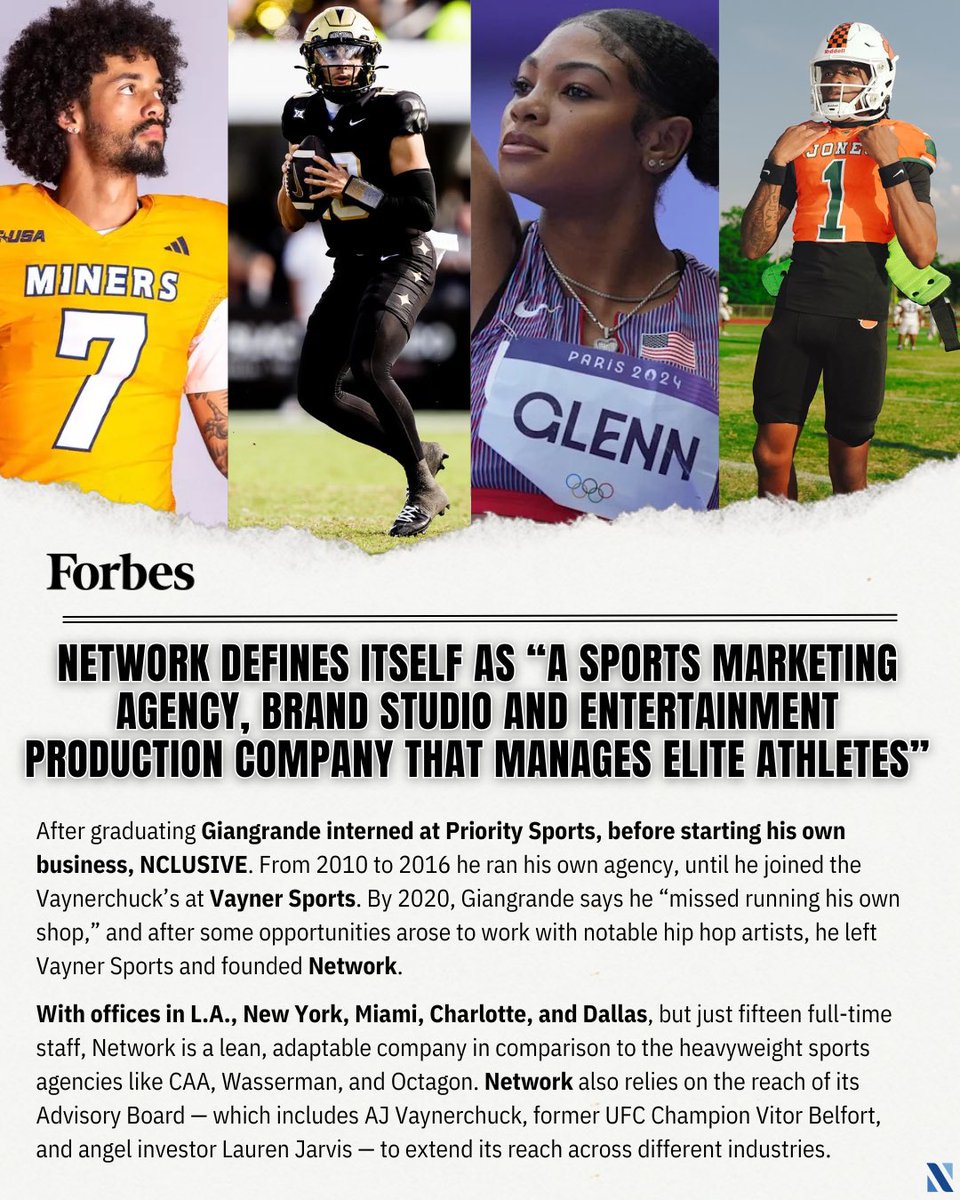 TheNetworkAdvsr's tweet image. In a brand new feature article for @forbes, NETWORK is highlighted as “The Sports Marketing Agency Guiding Athletes NIL”, crediting our Founder and CEO, Justin J. Giangrande as an innovator in the NIL landscape. @JGnetworkCEO 

Read the full article:
forbes.com/sites/vitascar…