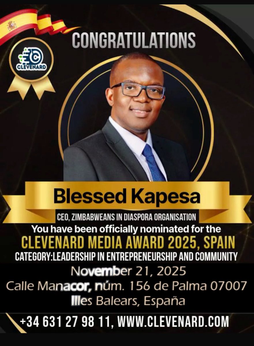 blessedkapesa's tweet photo. BIG NEWS!
I’m excited to announce that I’ve been nominated for the Leadership, Entrepreneur &amp; Community Award at the Clevenard Media Award 2025 in Palma de Mallorca, Spain!

Honoured to have my work in diaspora empowerment, entrepreneurship and community development recognised. https://t.co/ndK1yluLnV