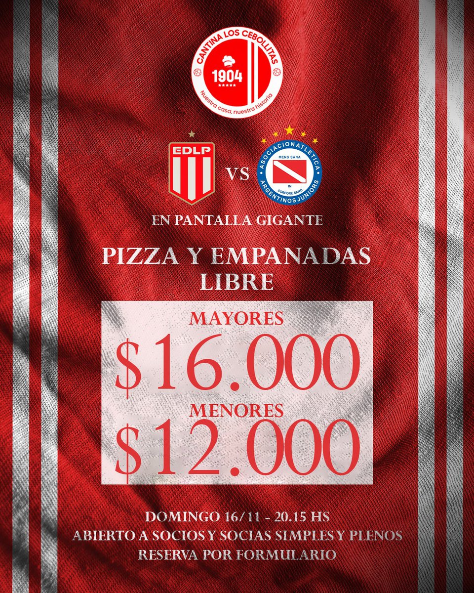 #AAAJ 🇦🇹 ¡ALENTEMOS TODOS JUNTOS!

#ElSemilleroDelMundo 🌎 visita a Estudiantes LP y la Cantina Los Cebollitas tiene una propuesta especial para <a href="/SociosAAAJ/">Oficina de Socios y Socias AAAJ</a>.

📲 Reservá tu lugar: forms.gle/1d7Sj5cZEbF5YD…