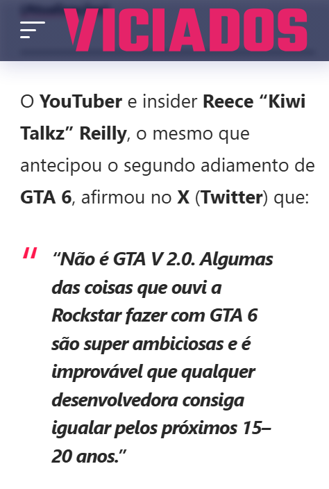 PortalViciados's tweet image. 🚨GTA 6 vai ser inalcançável por 20 anos?!

Insider diz que a Rockstar criou algo tão avançado que nenhum estúdio chega perto.

Se isso tudo for verdade, chora concorrência!