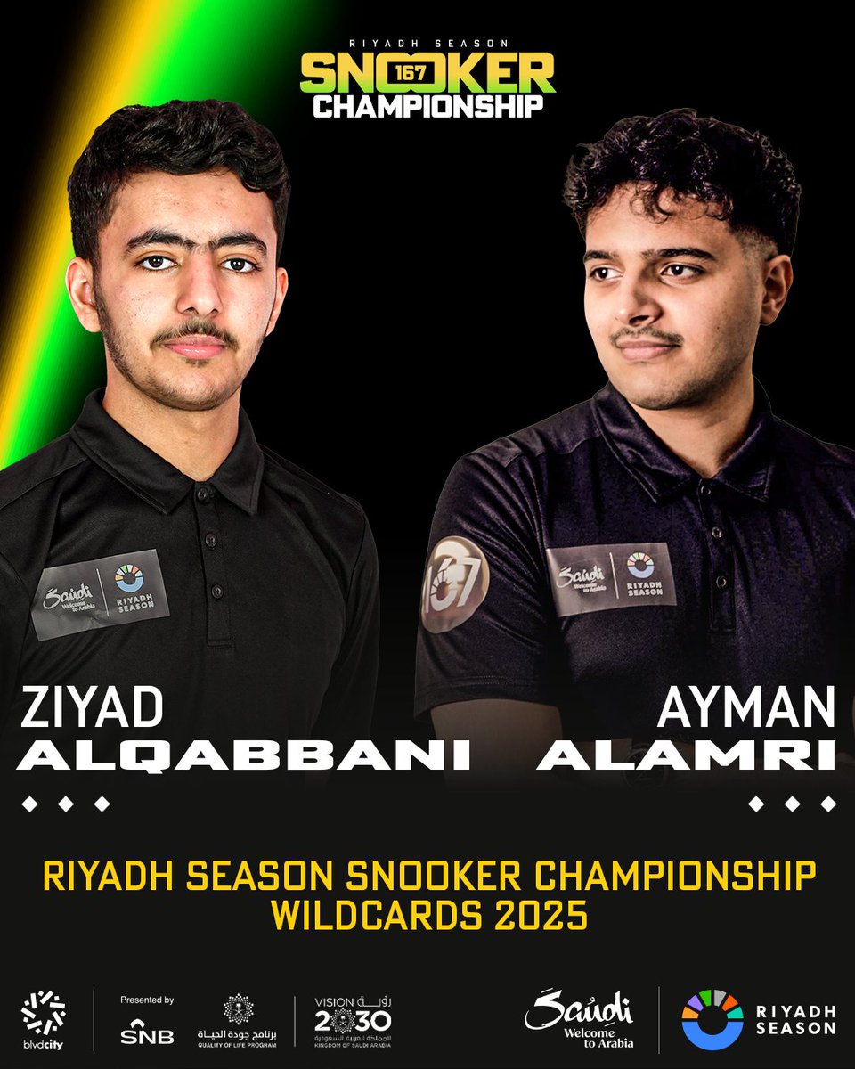 WeAreWST's tweet photo. Saudi Arabia's most promising young talent Ziyad Alqabbani and Ayman Alamri will join the top ten players in the world next week for the Riyadh Season Snooker Championship.

#RiyadhSeasonSnookerChampionship https://t.co/HliOwVfySi