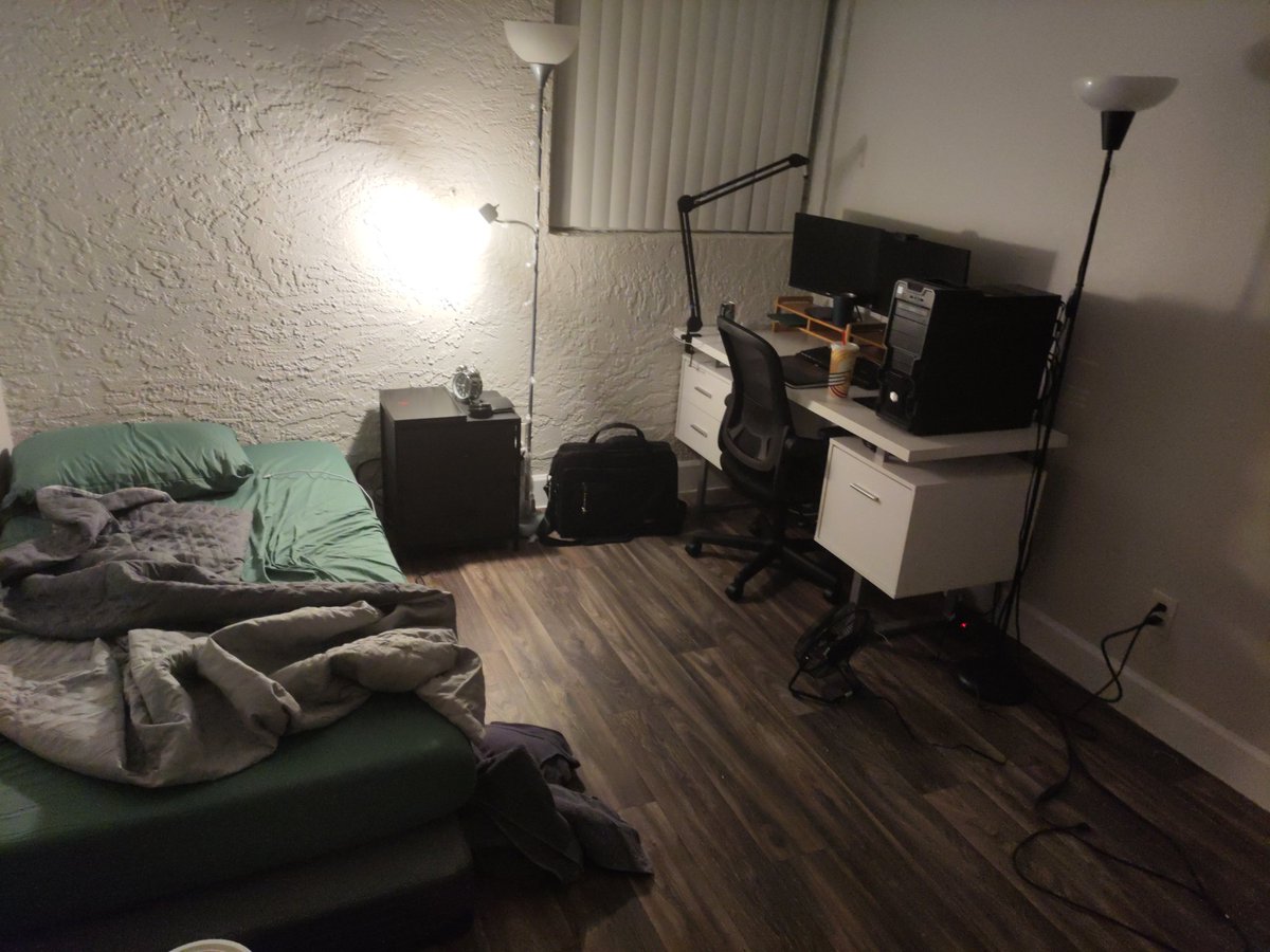 Got my room mostly set up

all I have to sort out is a voltage converter for my desktop PSU

to do all this though in 1 and a forth of a day is not too shabby