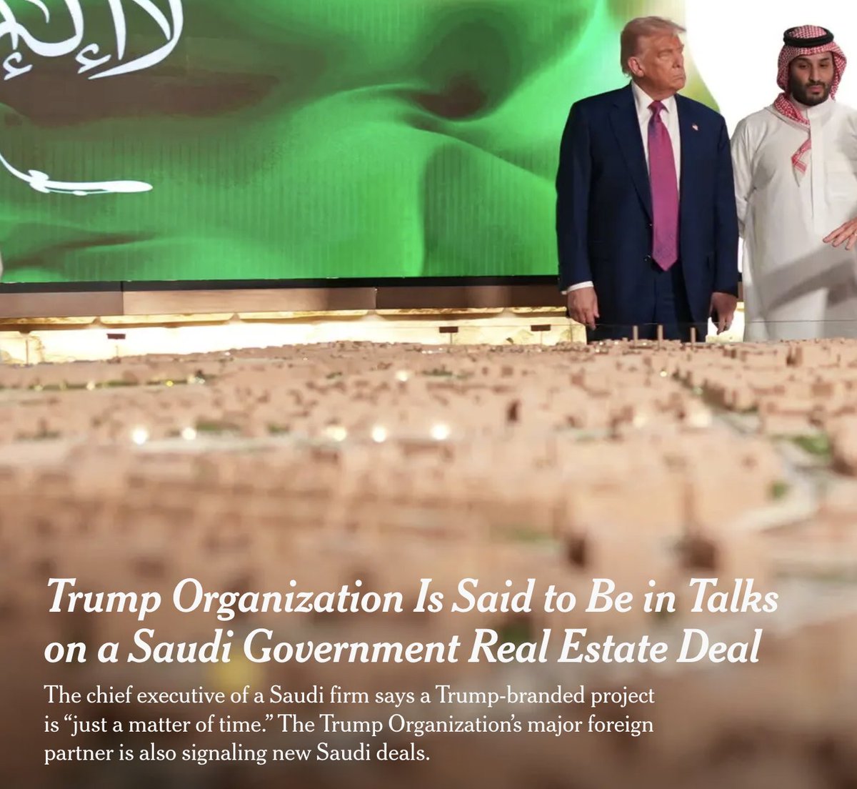 Malinowski's tweet image. So the Saudi Crown Prince gets F-35s, nuclear technology, and his reputation whitewashed.

In exchange, he gifts the American president a lucrative real estate deal.

Democrats must start signaling what they will do about this unprecedented corruption of our foreign policy. 1/