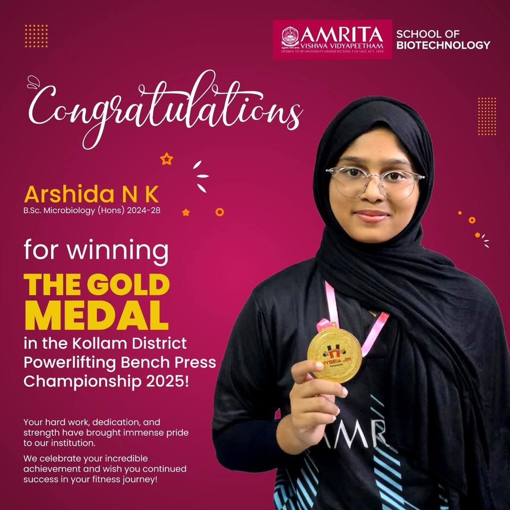 AMRITAedu's tweet image. Amrita student wins the Kollam District Powerlifting Bench Press Championship 2025.

Congratulations to Ms. Arshida N.K., a B.Sc. student at our #Amrita School of #Biotechnology for her victory in the Kollam Powerlifting #BenchPress #Championship 2025.