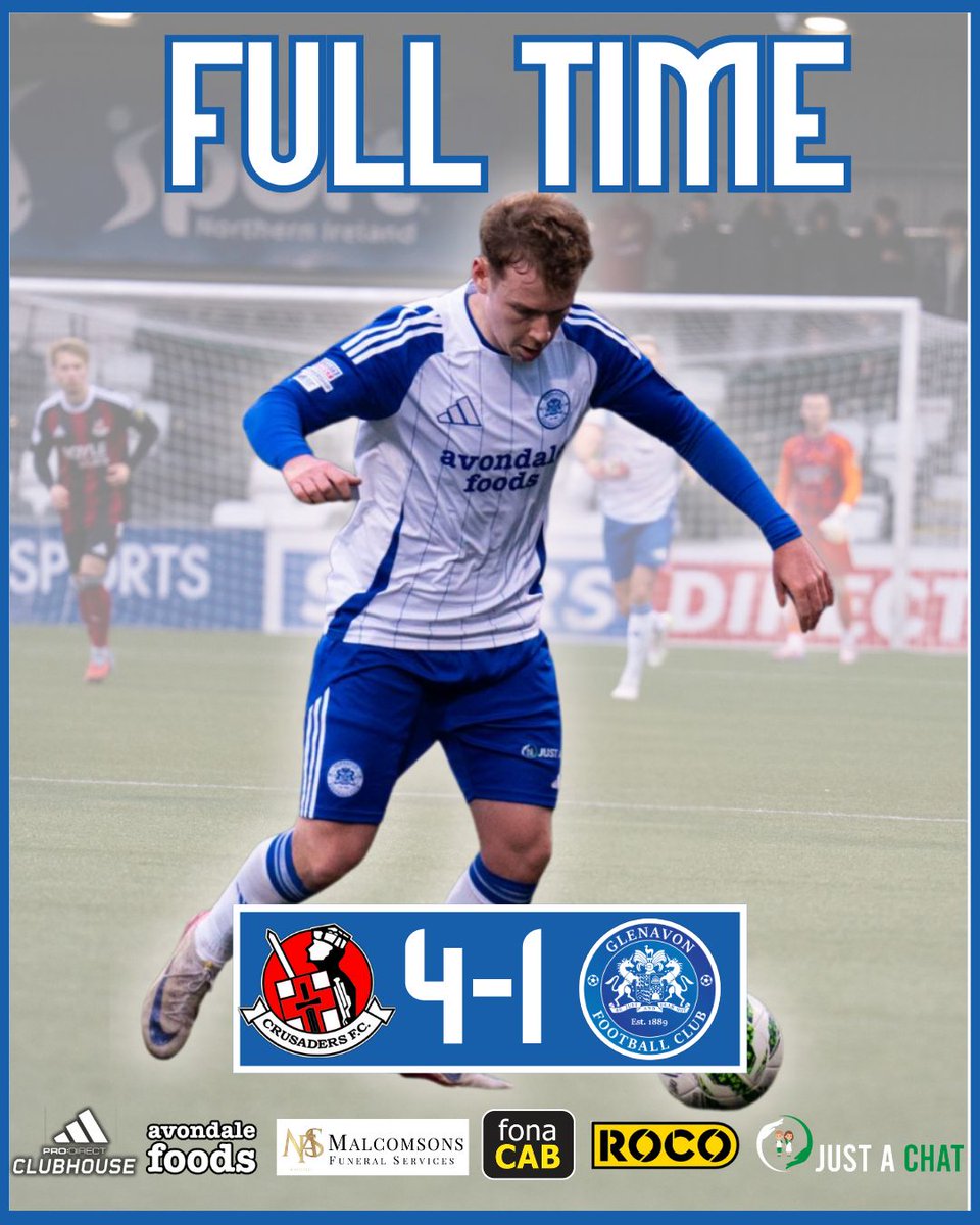 Glenavon_FC's tweet image. FULLTIME: Crusaders 4-1 Glenavon

Two in each half from Bryden give Crusaders an unassailable lead. McClelland with a consolation.

#SportsDirectPrem

Own a share today: glenavonfc.com/own

#MyShareMyClub
#BeJustAndFearNot
#ToSeeTheMourneviewAces
#WeAreMourneview