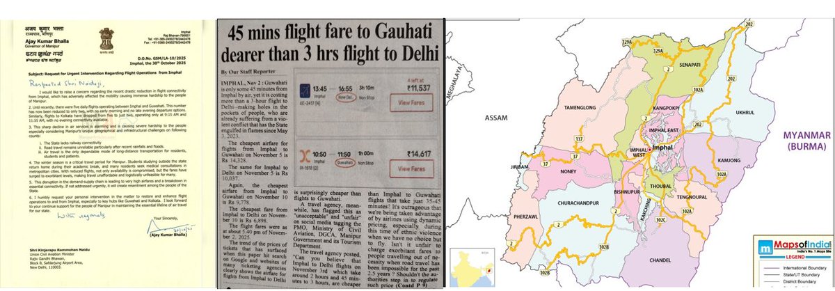When Roads close and Airfares turn predatory: The slow strangling of Imphal Valley’s residents and displaced victims

Full article below : 

18 lakh citizens of #Manipur and tens of thousands of penniless displaced victims are being strangled in silence 
<a href="/RamMNK/">Ram Mohan Naidu Kinjarapu</a> <a href="/DGCAIndia/">DGCA</a>