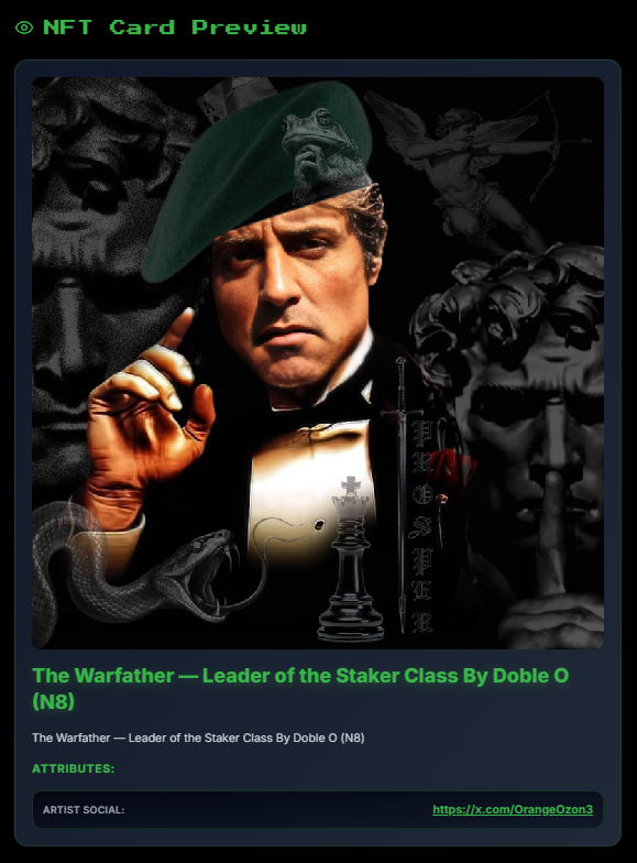 Created something special for <a href="/THESTAKERCLASS/">THE STAKER CLASS</a> this go around, hopefully I get selected to be apart of the collection.
 
Thank you for always keeping it real, being a family man, working hard and being generous with your art and time.

I give you: The Warfather — Leader of the
