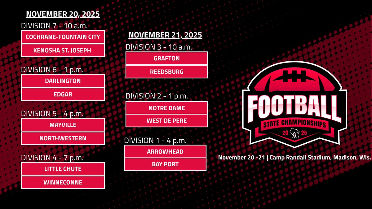 The 2025 State Football Championships are set! Congratulations to the qualifying teams who will play at Camp Randall Stadium on Thursday and Friday for their Division State Titles!👏🏈

TICKETS➡️gofan.co/app/school/WIA…

LIVESTREAMS ➡️ wiaawi.org/Sports/Fall/Fo…

APPAREL➡️