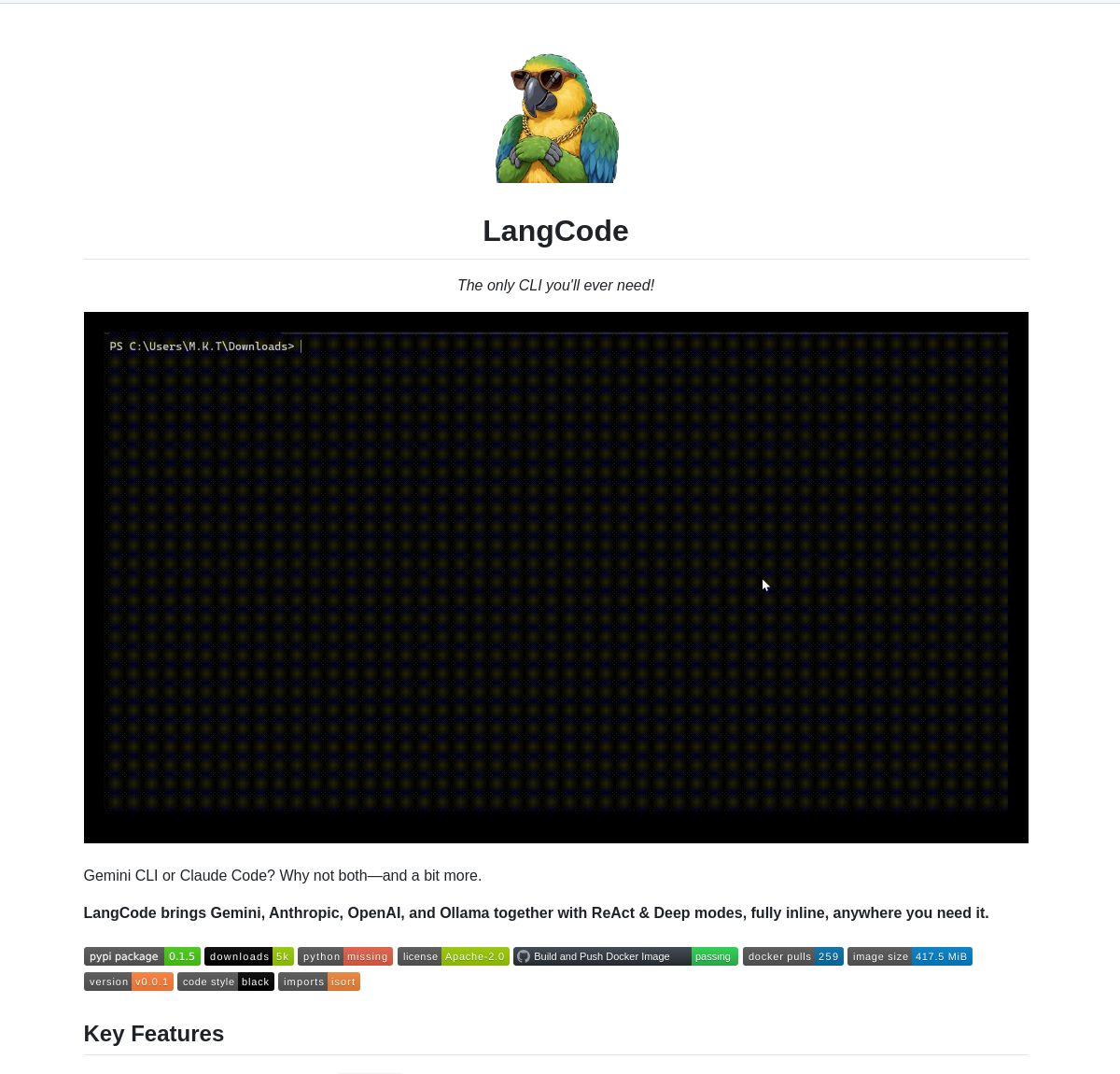 🛠️ LangCode: Unified AI CLI

Made by the LangChain Community

LangCode unifies AI coding assistants into one CLI. Built on LangChain &amp; LangGraph, it features dual agents (ReAct for speed, Deep for complexity), intelligent routing, and safety controls.

Check it out on GitHub: