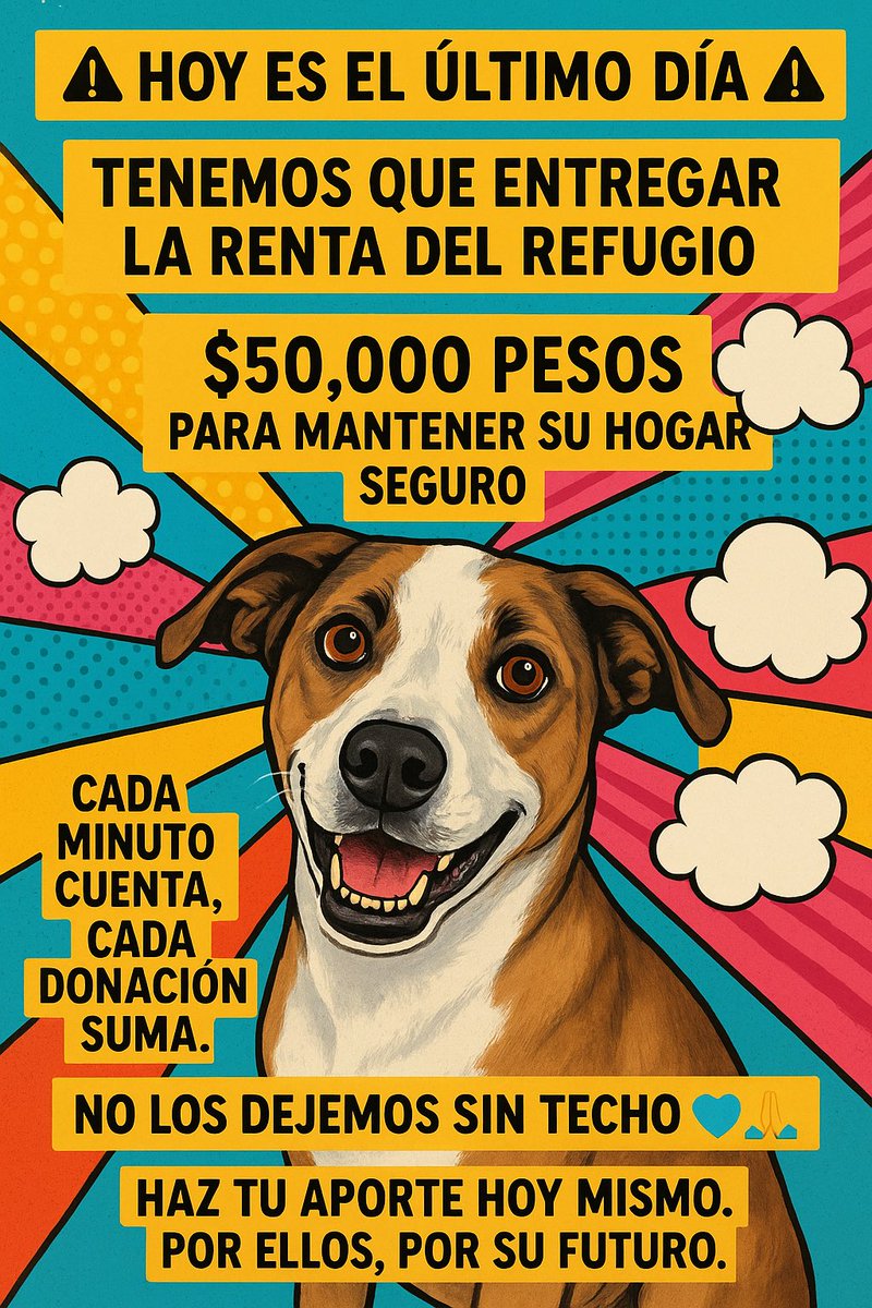 ⚠️ HOY ES EL ÚLTIMO DÍA ⚠️

Nos queda solo una oportunidad para salvar el hogar de nuestros rescataditos.

Llevamos $17 mil pesos, necesitamos juntar $50 mil hoy mismo para cubrir la renta del refugio 🏡🐶🐱

💥 Estamos contra el tiempo, pero no estamos solos…
Tu donación puede