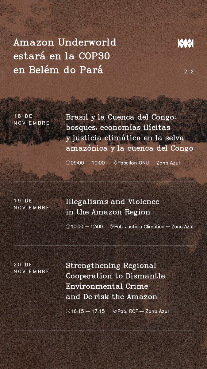 If you're at #COP30, come check out our <a href="/AmazonUworld/">Amazon Underworld</a> events! 🌎

Learn more about why crime is a major obstacle for conservation and climate mitigation, and about transition minerals in the Amazon Basin.