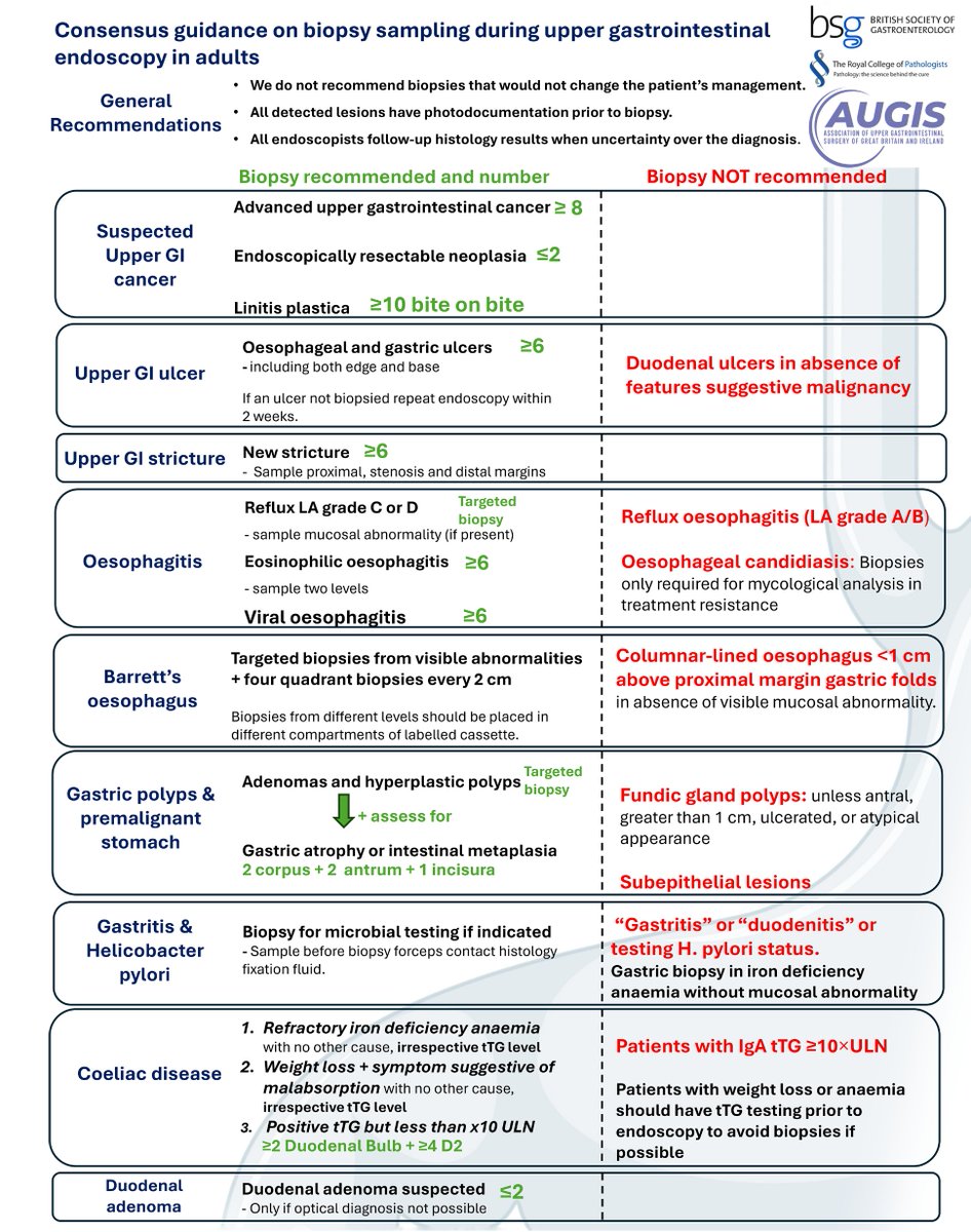 When to take biopsies and when not to in an upper gastrointestinal endoscopy, according to <a href="/BritSocGastro/">BSG</a>
Do you still biopsy subepithelial lesions? 
And do you biopsy L.A. grade C/D esophagitis? 
doi: 10.1136/flgastro-2025-103316
The recommendations are summarized right here 👇
