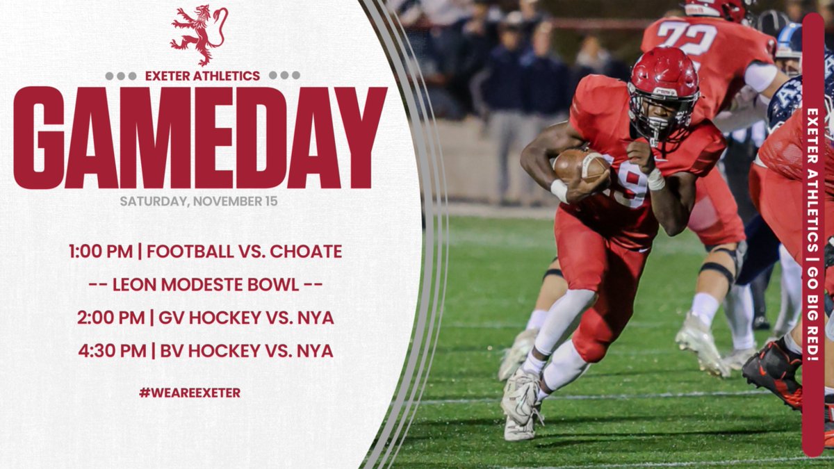 LET'S GOOOO!  We have a day here as V Football hosts Choate in the <a href="/NEPSAC/">NEPSAC ®</a> Leon Modeste Bowl and GV and BV Hockey open up their 2025-26 campaigns against NYA. Come over to south campus and GET LOUD!!
#WeAreExeter