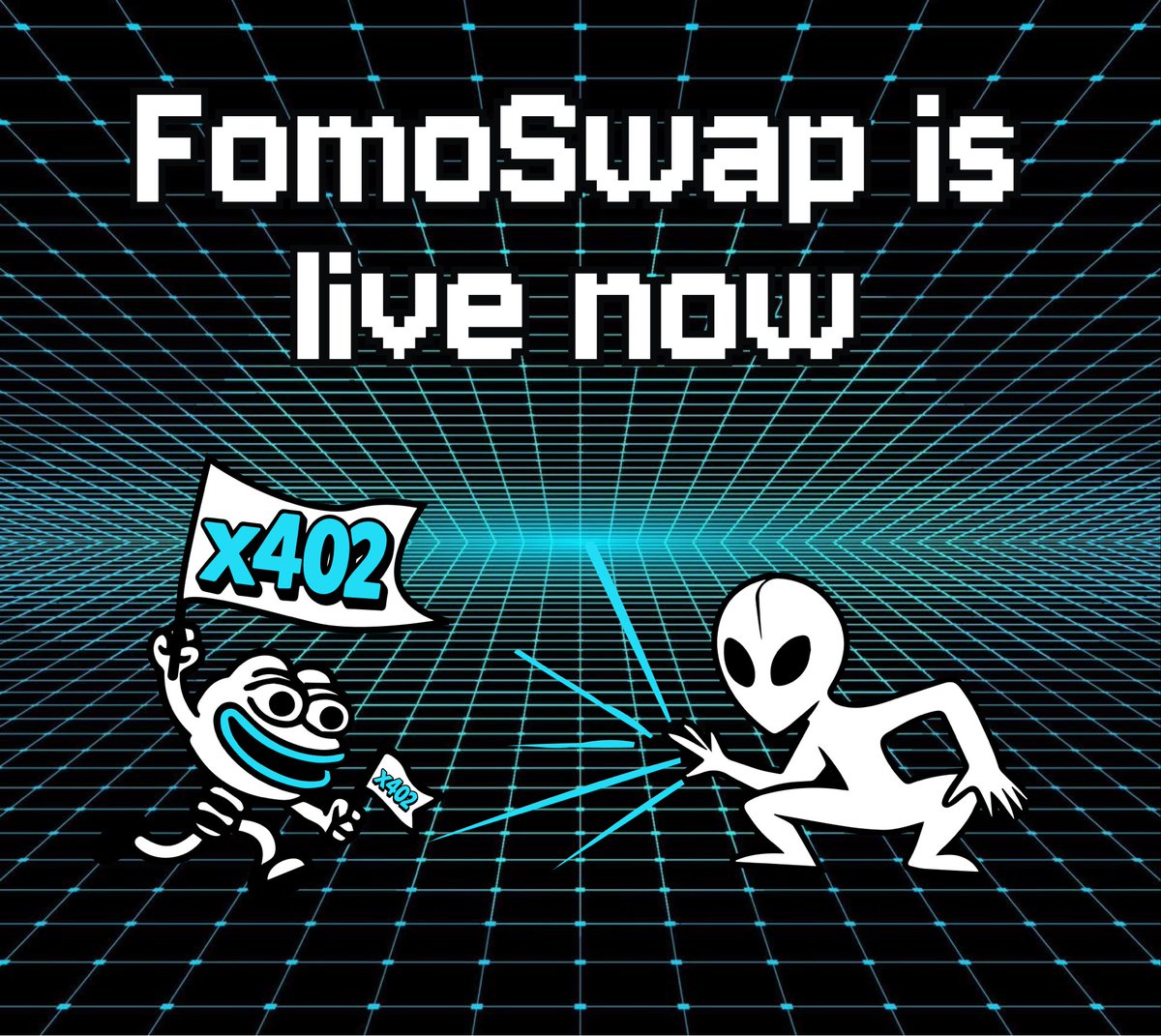 jumpbot_launch's tweet image. Jumpers,

👽+🐸+🧪=❓

We are glad to bring you someone super cool here.

@fomoswaporg FomoSwap, a DEX build for FOMO

Guess what we’ll Create together base on the greatest x402 Social Experiment here….🧪