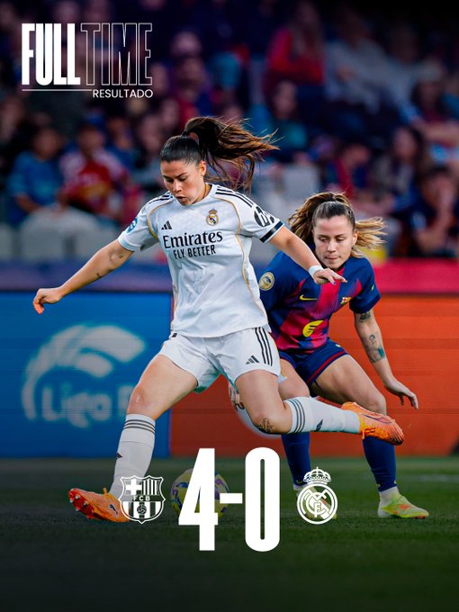 Graphic overlay displays FULLTIME RESULT in bold text at top, with score 4-0 shown below featuring FC Barcelona emblem on left and Real Madrid emblem on right. Female soccer player in white Real Madrid jersey with Emirates sponsor logo controls ball mid-field, long dark ponytail visible, while another player in blue and red FC Barcelona jersey reaches with arm extended. Stadium crowd and orange field markings in background, players wearing knee-high socks and cleats.