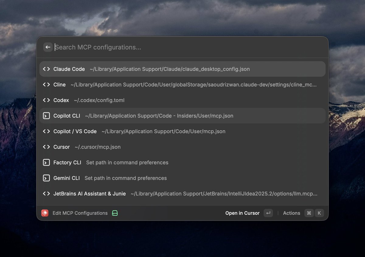 kevintraver's tweet photo. I'm building a Raycast extension that lets me quickly open and edit MCP configuration files. I've only worked on it for 10 minutes, and it's already functional. The pace at which you can build with AI now is absurd. https://t.co/71QsEIDhvb