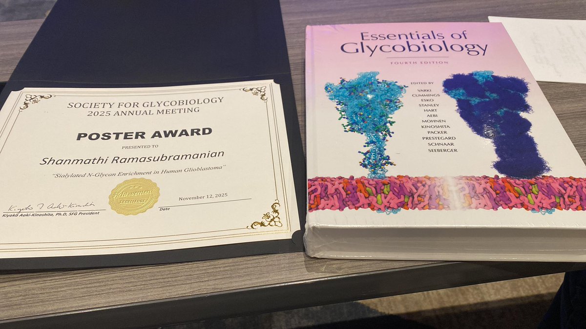 karumbaiahlab's tweet photo. Kudos to Shanmathi Ramasubramanian for winning a poster award at @SFGlycobiology on her poster titled ‘Sialylated N-glycan enrichment in human glioblastoma’. Way to go, Shan! 

Thanks to Dr. Renee Read &amp; Dr. Parastoo Azadi @CCRCUGA for their support on this project. https://t.co/p9wUseUp6c