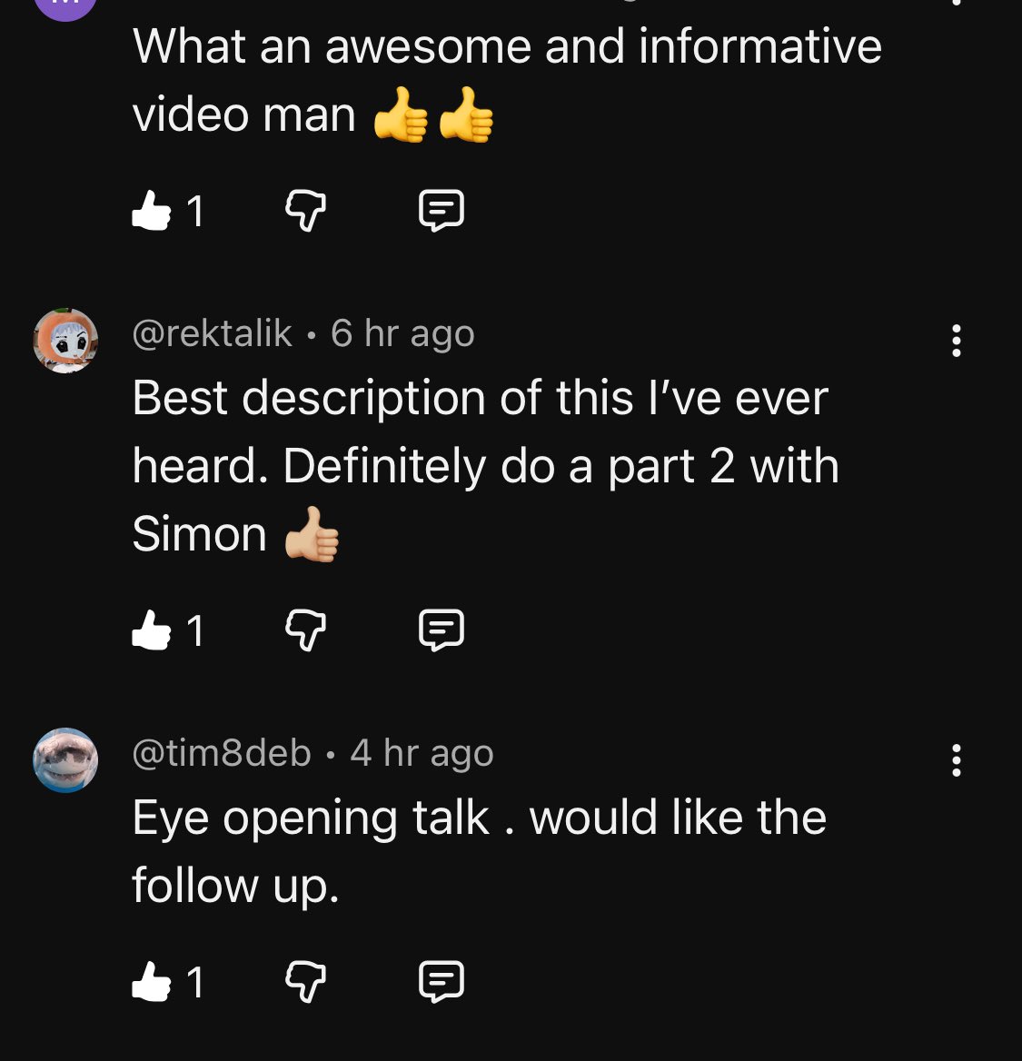 These comments made my day! The giant financial redpill interview with <a href="/SimonDixonTwitt/">Simon Dixon</a> is CLEARLY very enlightening. The community DEMANDS <a href="/Kylechasse/">Kyle Chassé 🐸</a> to make a part 2.❤️

This amazing community feedback means a lot. I’ve been awake since 2011. The world is FINALLY waking up! 🥳