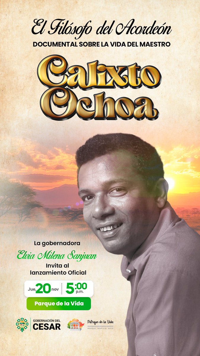 Calixto Ochoa, El Filósofo del Acordeón

Un documental producido por el Gobierno del Cesar, en homenaje a quien con su música y sus letras abrió entre sabanales el camino para que el vallenato saliera al mundo.

Nos vemos el 20 de noviembre, a las 5:00 p.m., en el Parque de la