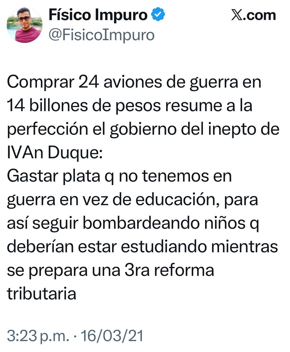 waldoalarconho1's tweet image. Miren lo que decía este asqueroso bodeguero @FisicoImpuro en el gobierno de Iván Duque respecto a la compra de los aviones.

Ahora se mete la lengua entre el culo, se la revolea y le toca salir a defender la compra por un valor superior a 17 billones de pesos.