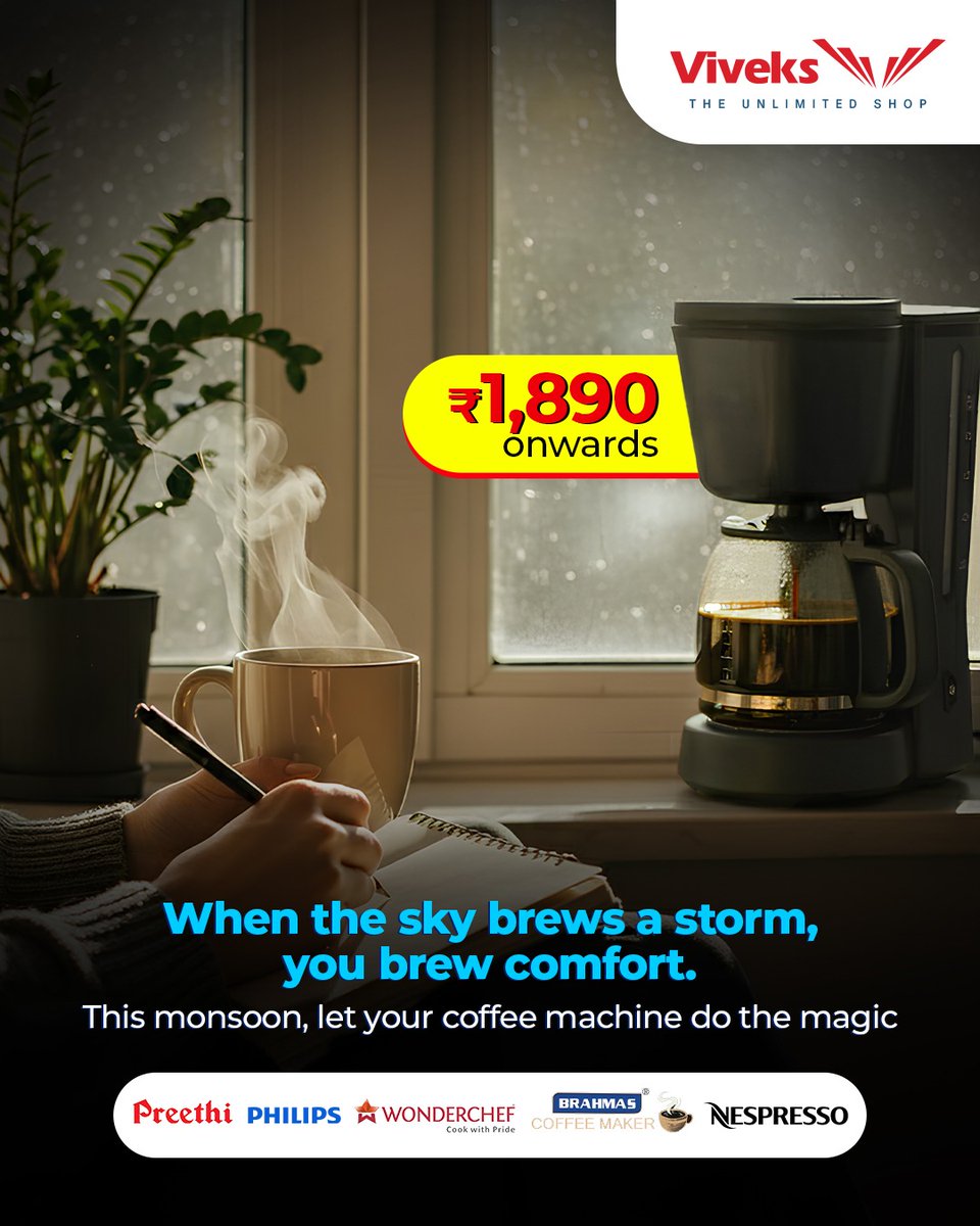 viveksindia's tweet image. Rain tapping on the window, a fresh brew warming your hands, and Viveks bringing the cozy vibes home. ☕✨

This monsoon, let your coffee machine turn grey skies into great sips, because comfort tastes better when it’s freshly brewed.

#Viveks #CoffeeMaker #MonsoonVibes