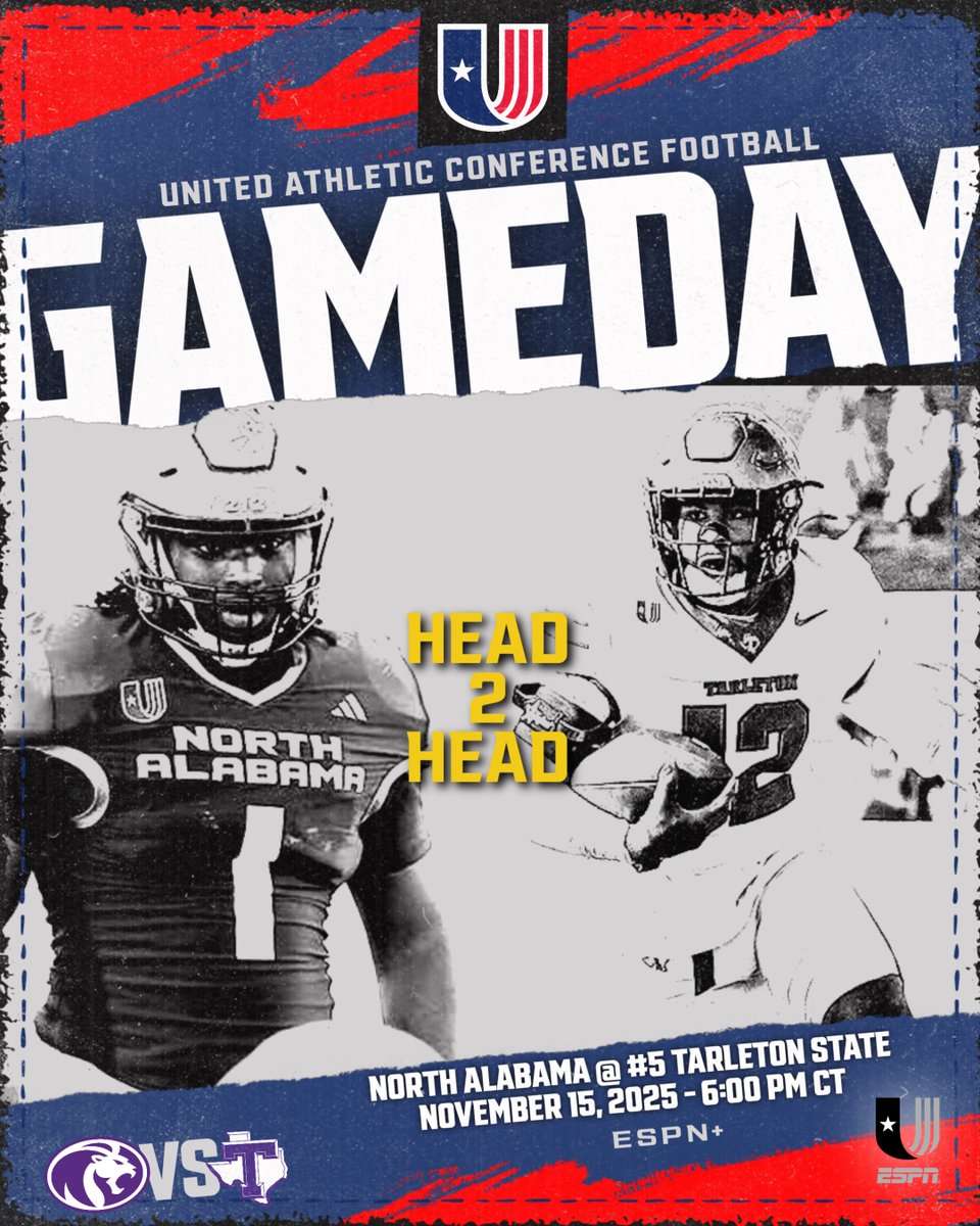 GᗩᗰEᗪᗩY  ᗰᗩTᑕᕼ🆙  | ᗯEEK 1⃣2⃣

<a href="/UNAFootball/">North Alabama Football</a>  🆚 No. 5 <a href="/TarletonFB/">Tarleton State Football</a> 

🕕 6:00 PM CT
📍 Stephenville, TX
🏟️ Memorial Stadium
📊 statb.us/b/594150
💻 espn.com/watch/player/_…

#UACFootball🏈 x #RoarLions🦁 x 🔫🤠