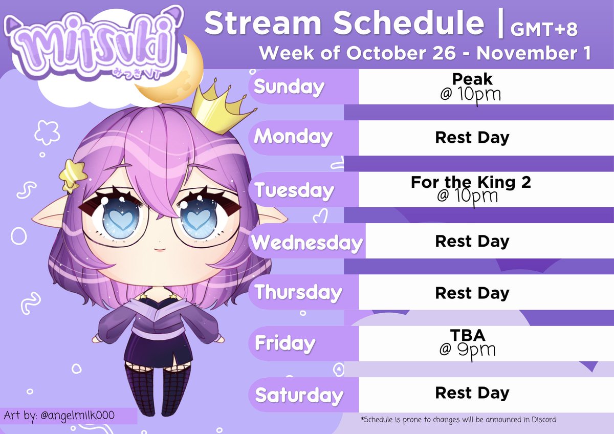 The Schedule of this week before hiatus :3
Also I am sorry for the schedule last week I messed up AHAHAHA