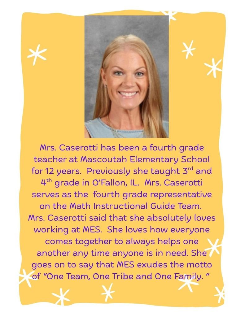 M19_MES's tweet image. Mascoutah Elementary School would like to congratulate Mrs. Kim Caserotti, fourth grade teacher, whom was nominated for our Staff Sparkle award.  We are glad that she is part of our team. #MESProud #19EveryStudent