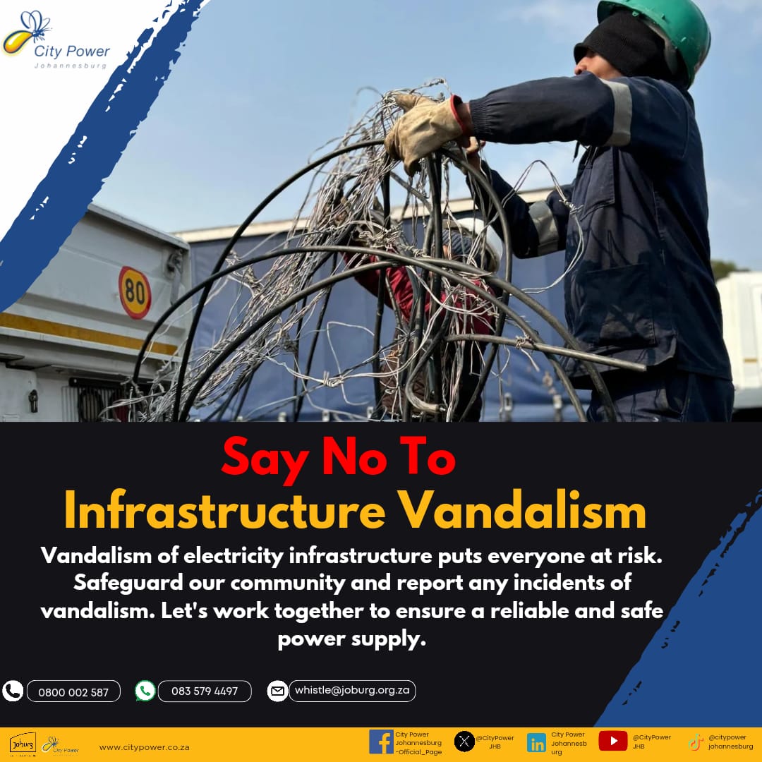 CityPowerJhb's tweet image. #CityPowerAwareness 

Vandalism of electricity infrastructure puts everyone at risk and also leads to constant power outages. 

Let&apos;s safeguard our community and report any suspicious activity to City Power&apos;s Risk Control department on 011 490 7553 or call 0800 002 587. ^NT