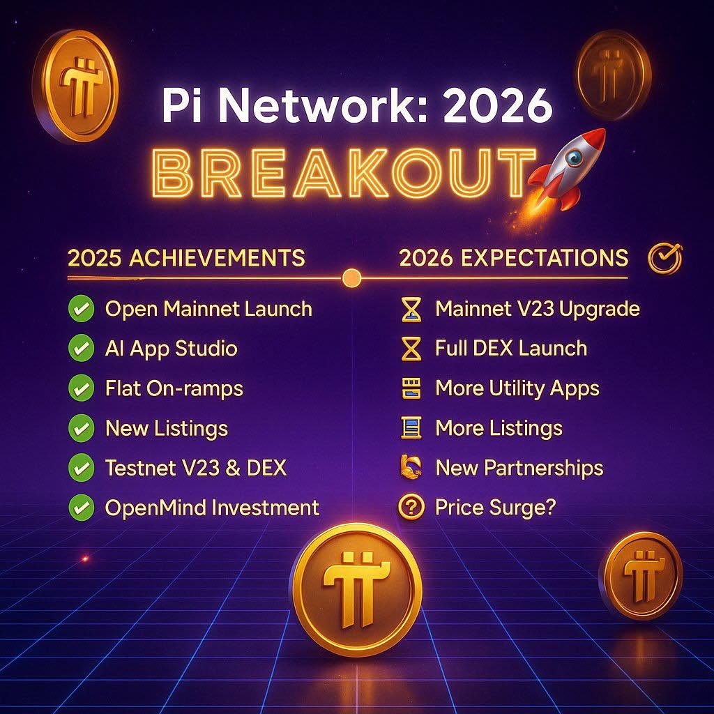 🚀 Pi Network: BREAKOUT 2026 is coming!

2025 is BIG — Mainnet Open, AI App Studio, DEX Progress, New Listings, and More! 🔥

But 2026 Looks Even BIGGER 👇
⏳ Mainnet V23 Upgrade
⚡ Full DEX Launch
📱 More Useful Apps
📈 More Listings
🤝 New Partnerships
💥 Could the Price Surge?