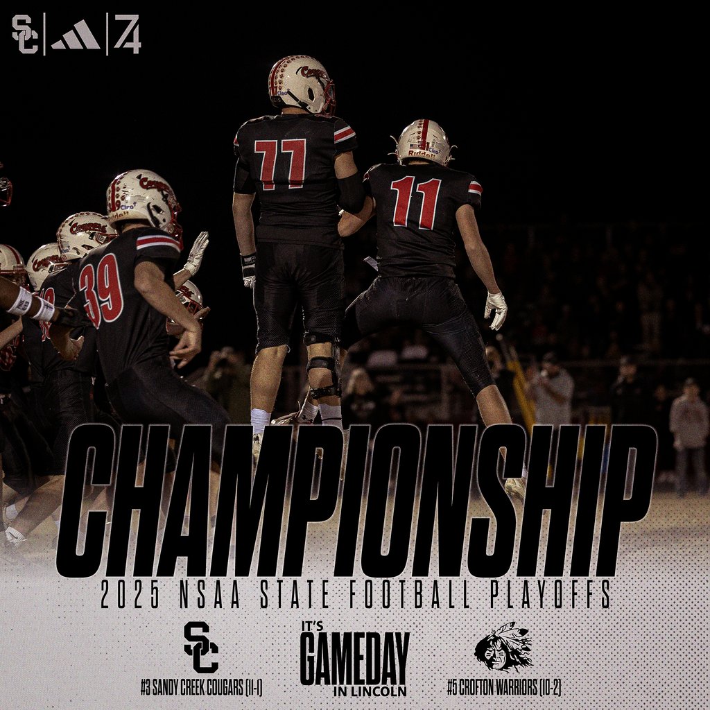 The #3 Sandy Creek Cougars (11-1) will take on the #5 Crofton Warriors (10-2) in the Class D1  NSAA State Football Championship game on Monday, November 24 at 10:15AM at Memorial Stadium in Lincoln, NE.
#WeAreSC | #RunItBack | #nebpreps