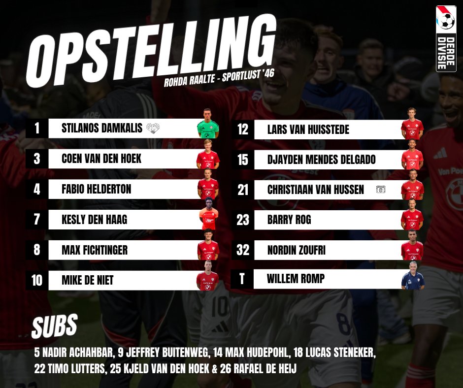 OPSTELLING | De opstelling van Sportlust '46 voor de uitwedstrijd tegen Rohda Raalte is bekend en trainer Willem Romp grijpt stevig in met een flink aantal wijzigingen voor dé topper in de Derde Divisie.