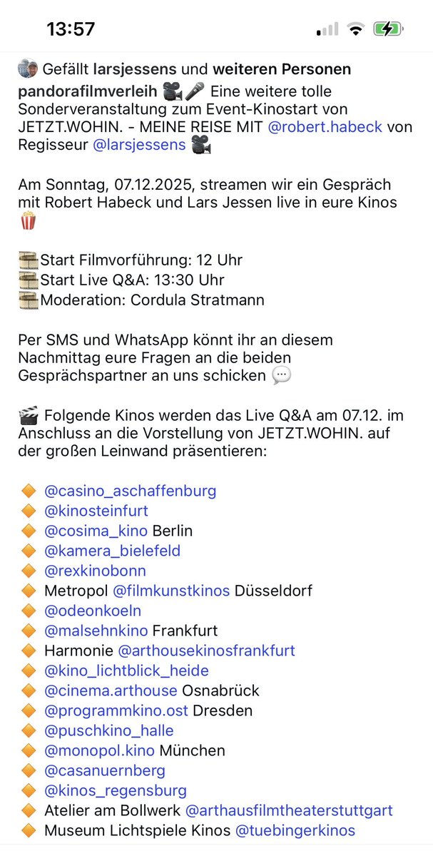 dammiLoh's tweet photo. Für alle Interessierten in #Aschaffenburg, #Steinfurt, #Bielefeld, #Bonn, #Köln #Düsseldorf, #Heide, #FFM, #Osnabrück, #Dresden, #Tübingen #München, #Stuttgart, #Halle!  😎💚🎥💬

#JetztWohin #Habeck #Jessen #Stratmann #HabeckDerFilm #DankeHabeck #Habeckhatterecht https://t.co/CtiP8byc8i