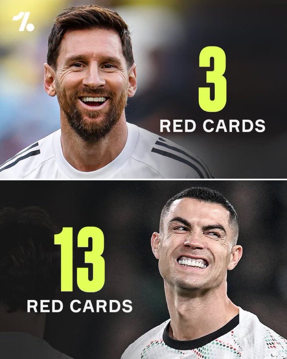 🚨🚨🚨🚨— الكروت الحمراء في مسيرتهم :

• كريستيانو رونالدو 13 بطاقة حمراء

• ليونيل ميسي 3 بطاقات حمراء