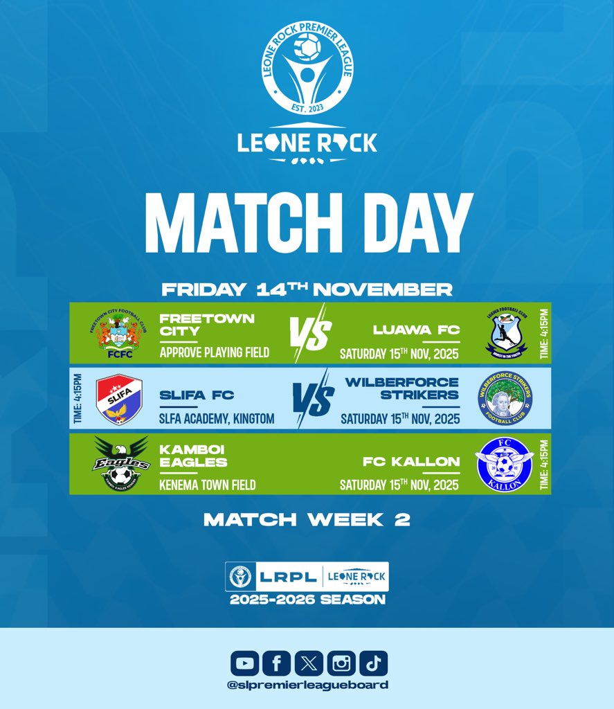 slplboard's tweet photo. An unmissable Saturday of Leone Rock Premier League football awaits.
Letβs get to it, guys! ππ½
πβ½οΈ #MatchWeekTwo | #YourGameIsBack | #LeoneRockPremierLeague πΈπ± https://t.co/ucHhpcj8Ma