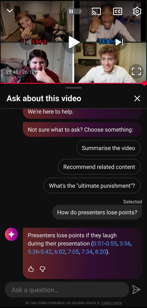 Icetrycode's tweet image. They have an AI assistant for Yt videos now das crzy