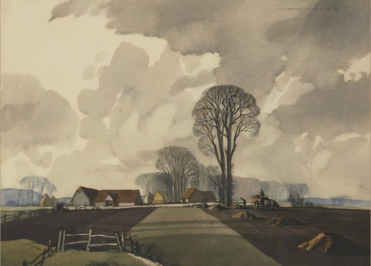 ahistoryinart's tweet image. &apos;Road to the Farm.&apos; (1944) I find it difficult to think of any British landscape painter of Rowland Hilder&apos;s generation (he was born in 1905) whose work is as widely known but whose name is not. His work touched a strain of nostalgia for an unchanged and unchanging landscape.