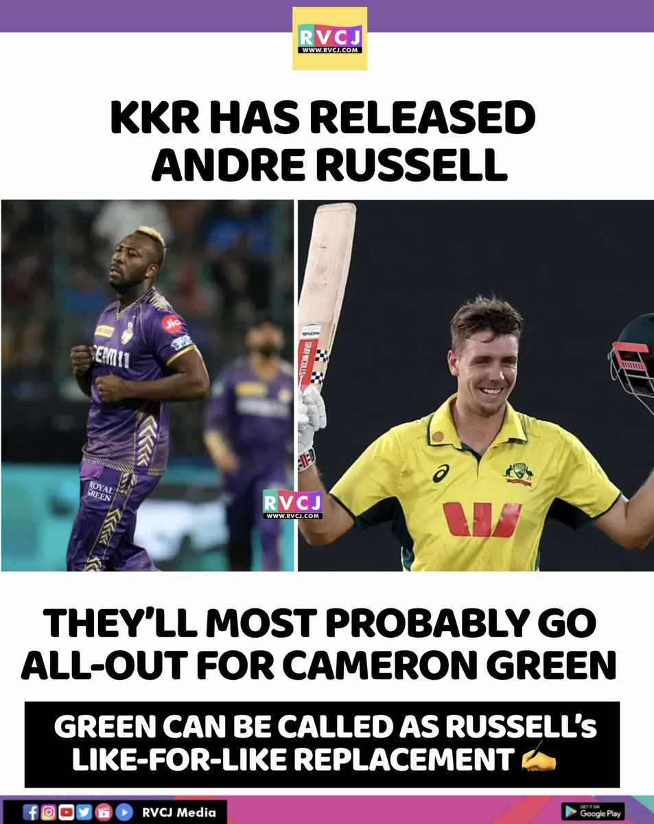 RVCJ_Sports's tweet photo. KKR makes a bold move by releasing Andre Russell, eyeing Cameron Green as his powerful replacement for the upcoming IPL season!
#KKR #AndreRussell #CameronGreen #IPL2025 #KKRTeam #PlayerRelease #CricketUpdate #TeamChanges #IPLNews #CricketTransfer #LikeForLike #SportsUpdate https://t.co/ktaYuuhYVh