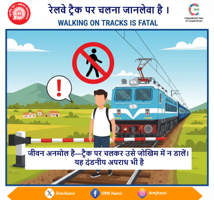 DrmJhansi's tweet image. एक छोटी सी लापरवाही, बड़ी दुर्घटना का कारण बन सकती है। पटरी पर चलने से बचें, सुरक्षित रहें।
Never walk on railway tracks—your life matters.

#NCRailway #RailwayAlert #TrackSafety #DontRiskYourLife #RailwayProtection #BeResponsible