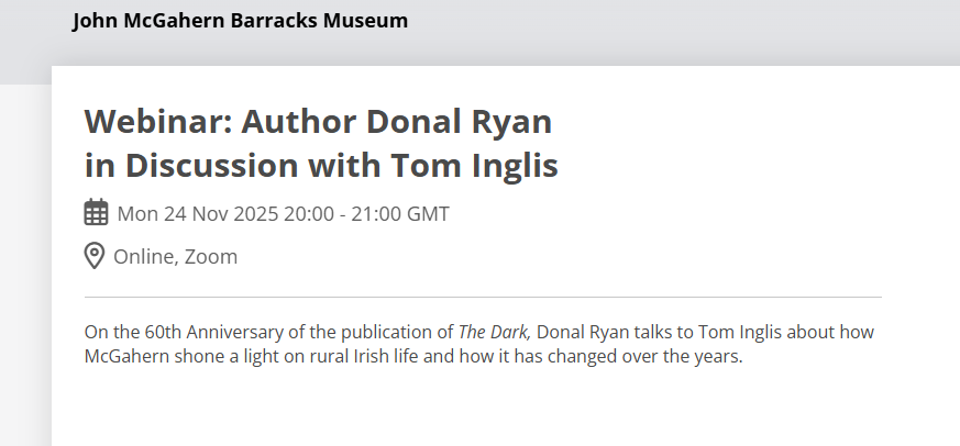 john_mcgahern's tweet photo. https://t.co/G7cX6NBfzQ
Tickets €5.50 each (link above) for this webinar with author Donal Ryan in discussion with Tom Inglis about how McGahern shone a light on rural Irish life and how it has changed over the years.. https://t.co/jT2tNxIIZd