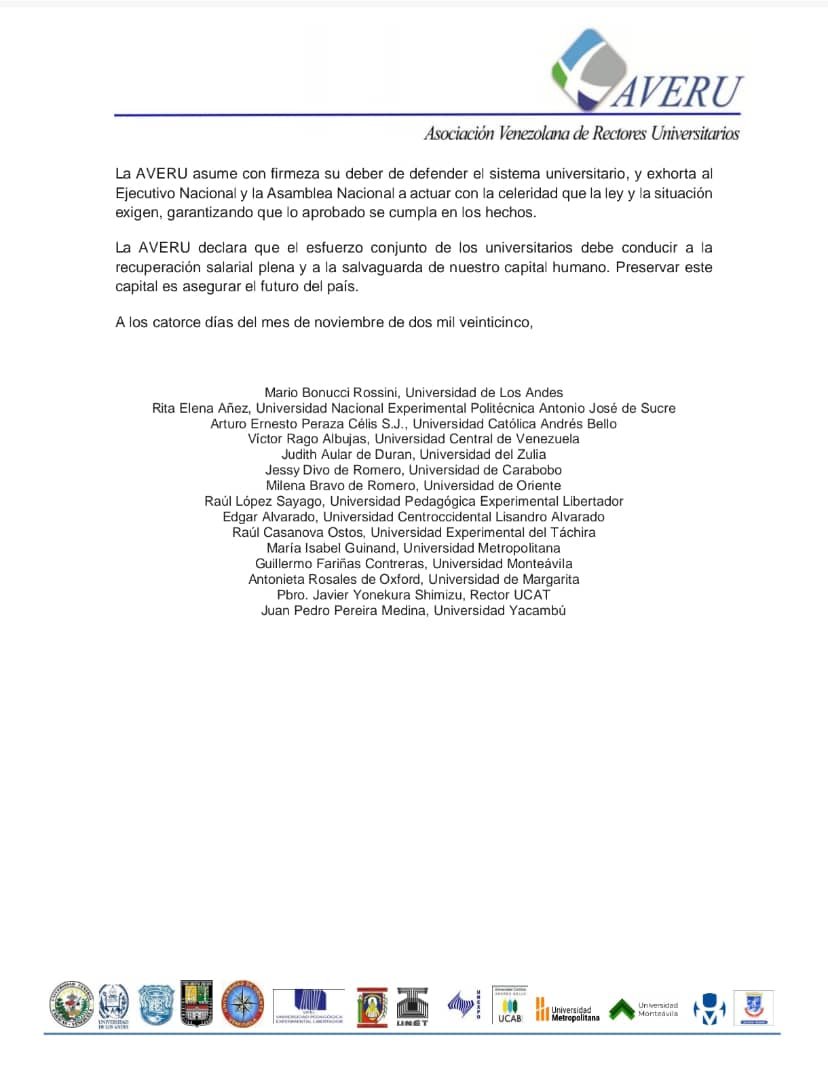 Pronunciamiento de la Asociación Venezolana de Rectores, AVERU sobre la crisis salarial en las universidades, causa de un efecto devastador en las familias, de daño al patrimonio nacional y de destrucción de las capacidades institucionales para cumplir su elevada misión.#SOSUniVe