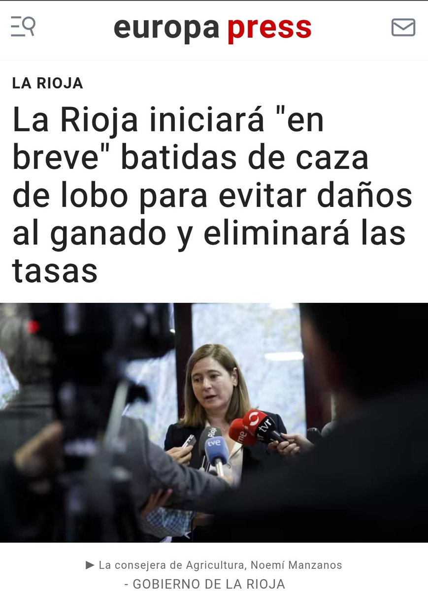 En #LaRioja hay 10 -15 🐺 como maximo de media compartidos con otras CCAA, es intolerable que vuelvan a matarlos, pero, por otra parte es lo que siempre ha hecho el <a href="/lariojaorg/">Gobierno de La Rioja</a> 

La población de 🐺 de la península ibérica es UNA SOLA y ni puede ni debe ser gestionada por parcelas
