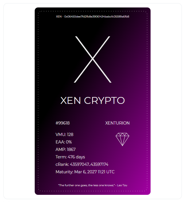 xenpub's tweet image. Someone just minted a 128 VMU #XENTURION at 0.067 Gwei, for only $4.70🤑. We&apos;re 382 XENFTs away from:
👑#XENFT token ID 100,000.
Gas is low... we may hit the milestone this weekend.