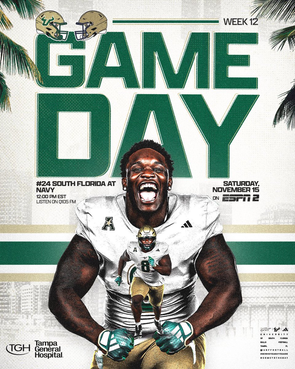 USFFootball's tweet image. 🗣️ GAME DAY

⏰: 12:00 PM
📺: @ESPNCFB 
📻: @MyQ105 

#ComeToTheBay | #StayInTheBay