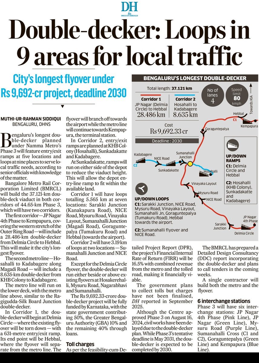 ever_pessimist's tweet image. Bengaluru’s 37.12km double-decker

Ramps
C1: Delmia Circle, Hebbal
C2: KHB Colony, Sunkadakatte, Kadabagere

Loops
C1: Sarakki, NICE Rd, Mysuru Rd, Vinayaka Lyt, Sumanahalli, Goraguntepalya, Hebbal
C2: Sumanahalli, NICE Rd

Cost ₹9,692cr
Deadline 2030
Toll likely

@WF_Watcher