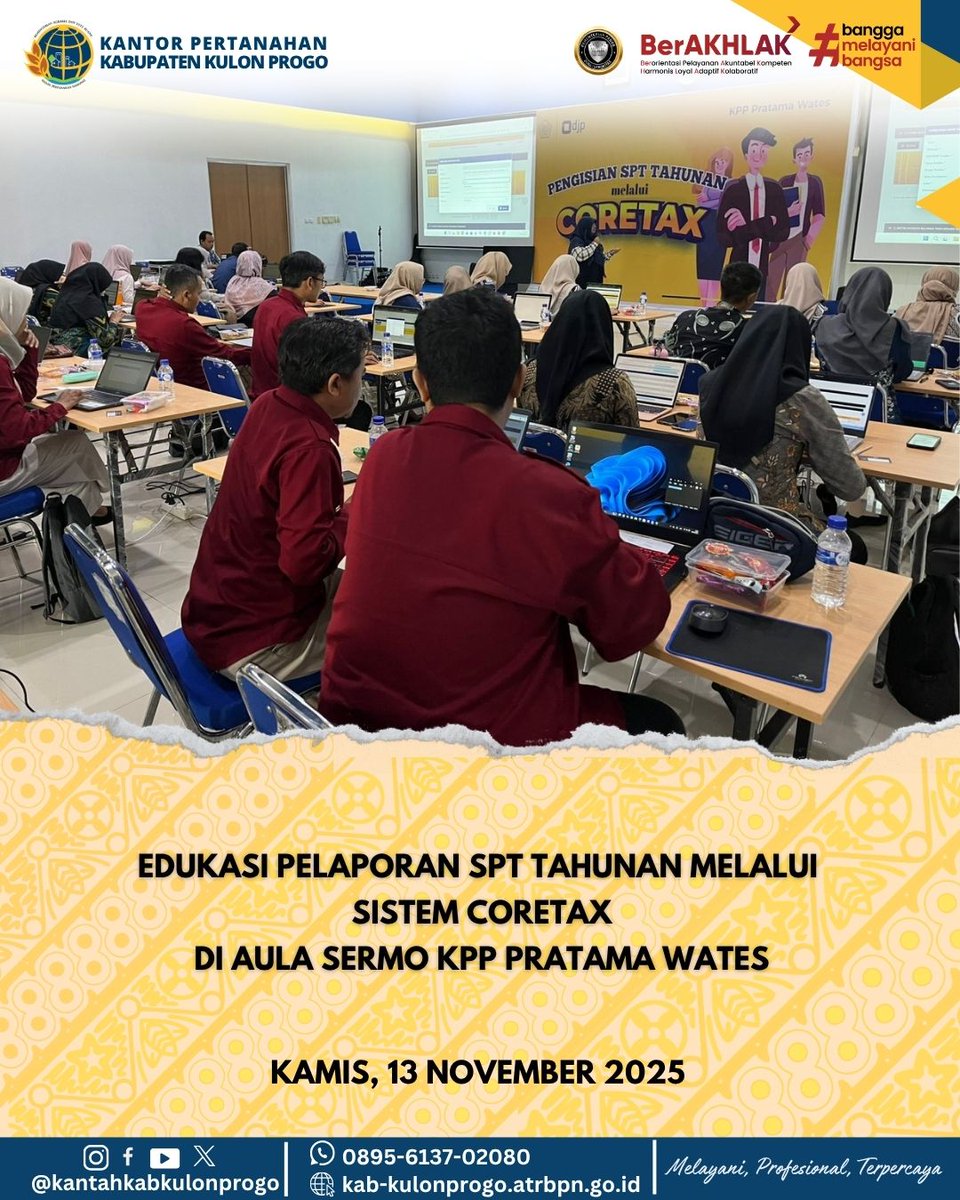 atr_bpnkprogo's tweet image. Hallo,
#sobatATRBPNKulonProgo

Wujudkan partisipasi aktif dalam kegiatan Kantor Pelayanan Pajak Pratama Wates, Kantor Pertanahan Kabupaten Kulon Progo hadir mengikuti Undangan Edukasi Pelaporan SPT Tahunan melalui Sistem Coretax 

#atrbpnkulonprogo
#ATRBPNMajudanModern