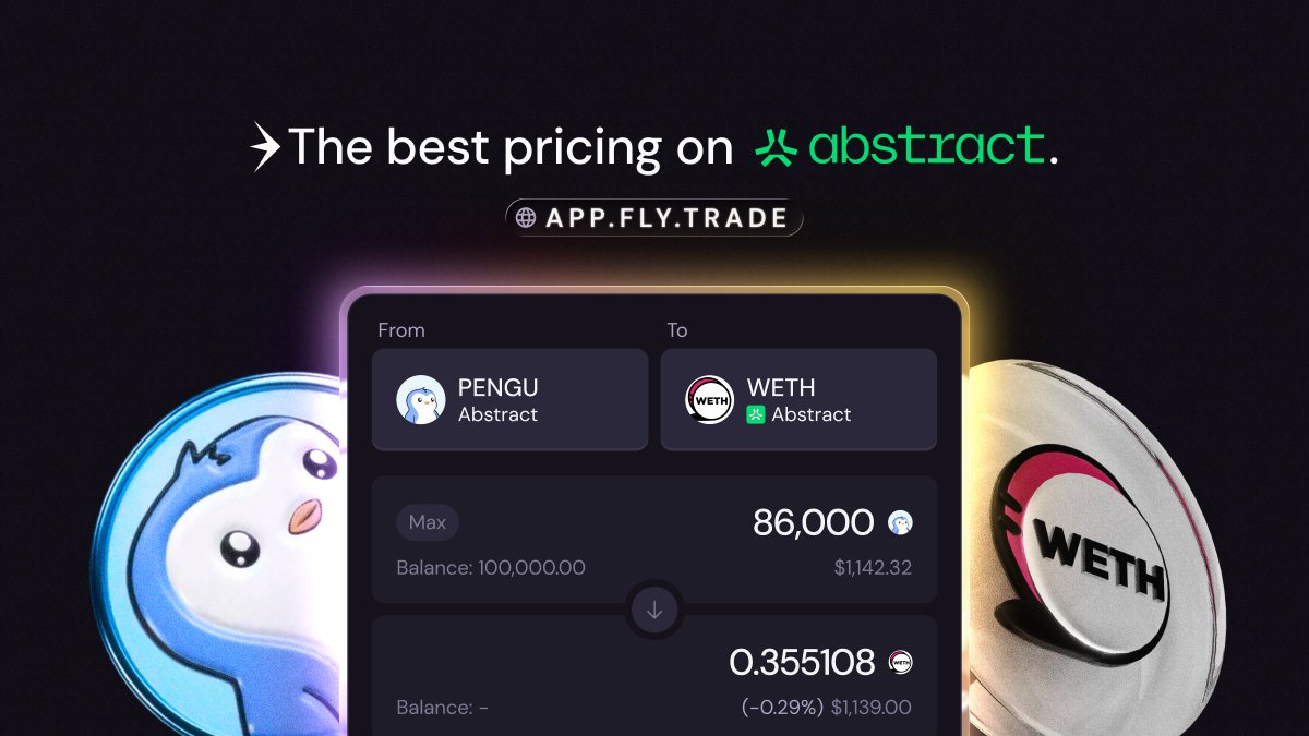 flytrade_'s tweet image. 9/9

If you&apos;re interested in checking out the @Abstract_Eco, you&apos;ll find that Fly.trade has the best pricing so you can get what you need to trade, explore, and discover the beginnings of consumer crypto.